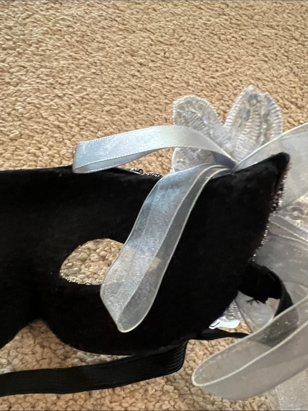 Black and Silver Beaded Masquerade Eye Mask with Ribbon Accent